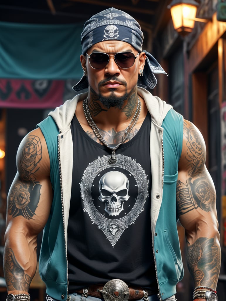 Simple logo art of a tattooed bald strongman with no beard, angry and furious, box braids and cap, sunglasses, gang member, 90s gangsta, arms crossed, loose clothes, real bandana on his face and shirt rock, silver chain, ultra realistic and intricate details, true colors, 8k, uhd, comics, ghost vigilante style, a ghetto hoodie behind the center image, rounded bandana background, bad boy style vaporwave