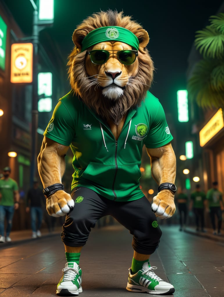 realistic lion, wearing green night life outfit and sneakers,8k, unreal engine render, full body wearing sunglasses and bandana