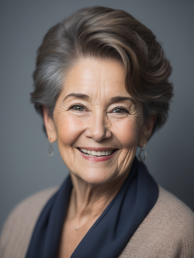 older woman smiling, not looking at camera, dark blue background