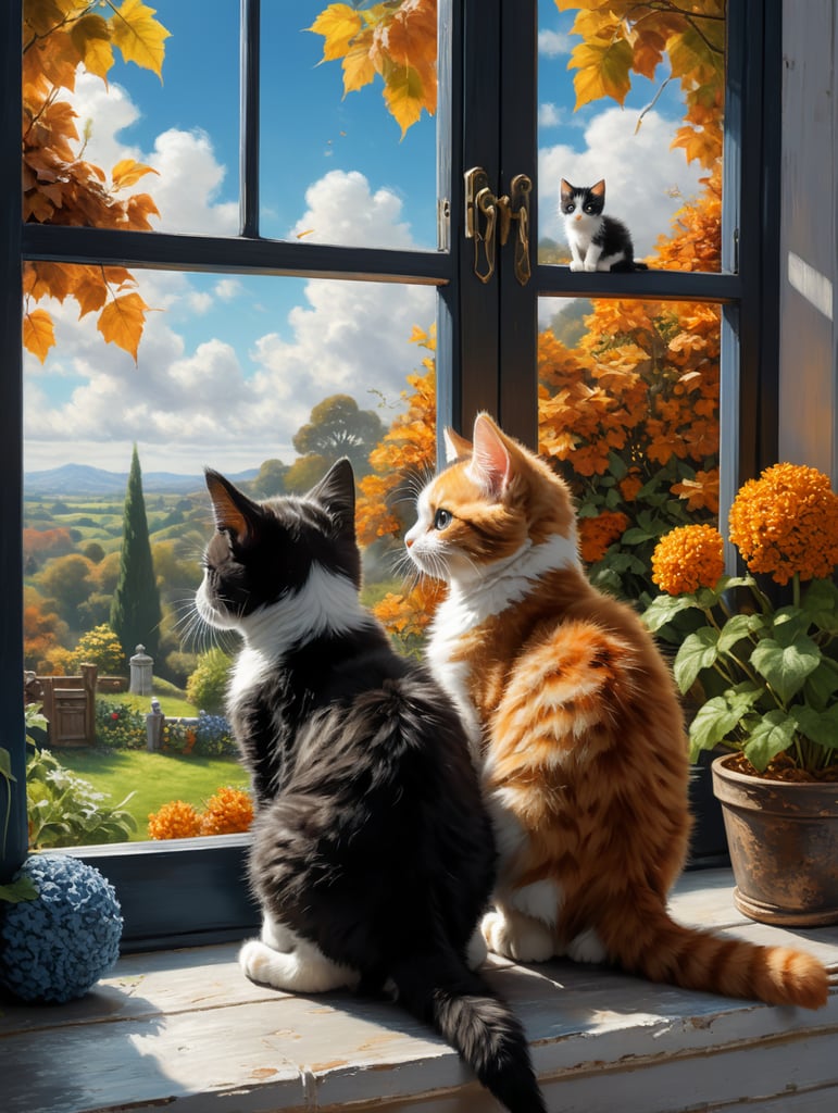 Back view of a small black and white kitten sitting on a windowsill, next to a small ginger kitten and a small tortoiseshell kitten. All looking out of a window at an autumnal garden. With a blue sky.