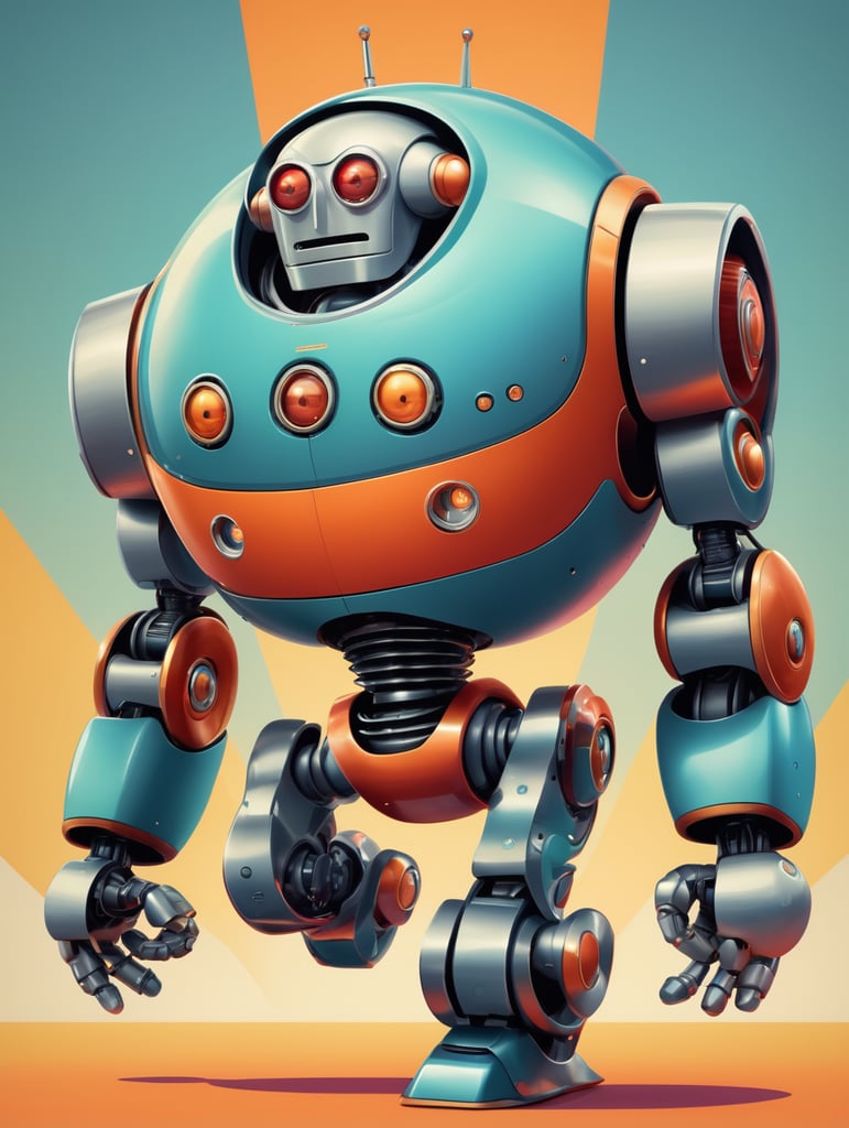 60s cartoon style robot, vibrant colors, devinart, smooth, running, facing forward