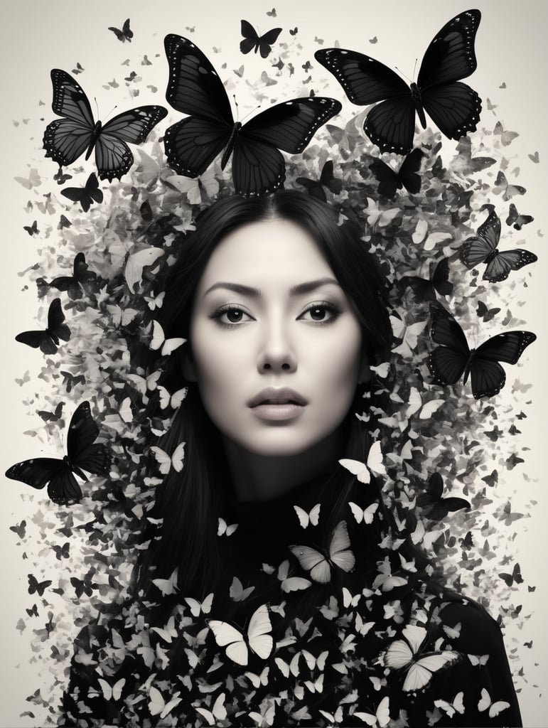 Create a strong, bold, black word text saying "Women Overwhelmed: Workload Stress", and some of the top of the text disintegrated into butterflies and the disintegration into butterflies of the text keeps on going but don't overdo it too much to the point where you can't read the text