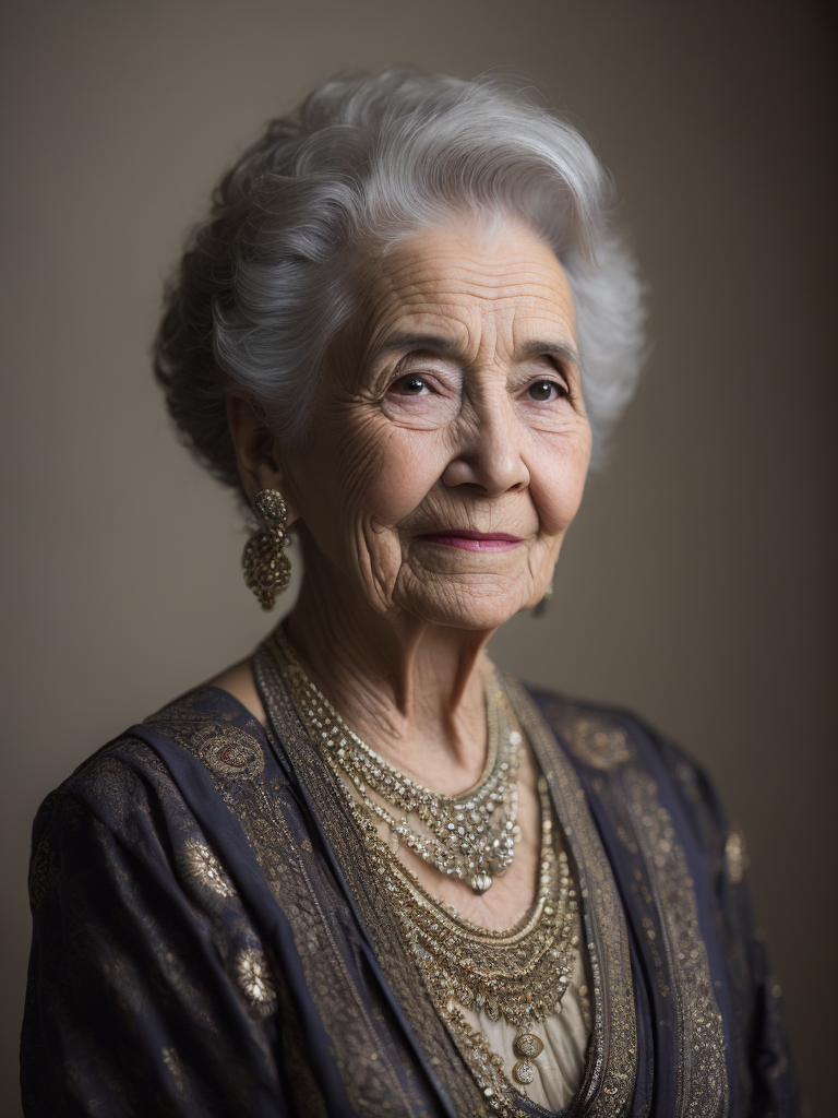 Portrait of 100 years old lady, proud look, dressed in a very ornate dress which is mix of baroque and ethnic dress, full of details, ethnic jewellry, highly detailed, sharp focus, Dramatic Lighting, Depth of field, Incredibly high detailed, blurred background