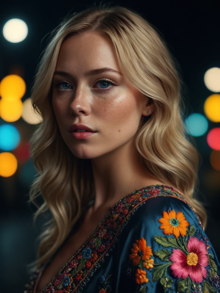 Beautiful blonde woman with freckles, wearing a colorful, vibrant, detailed embroidered dress, medium-full shot, at night