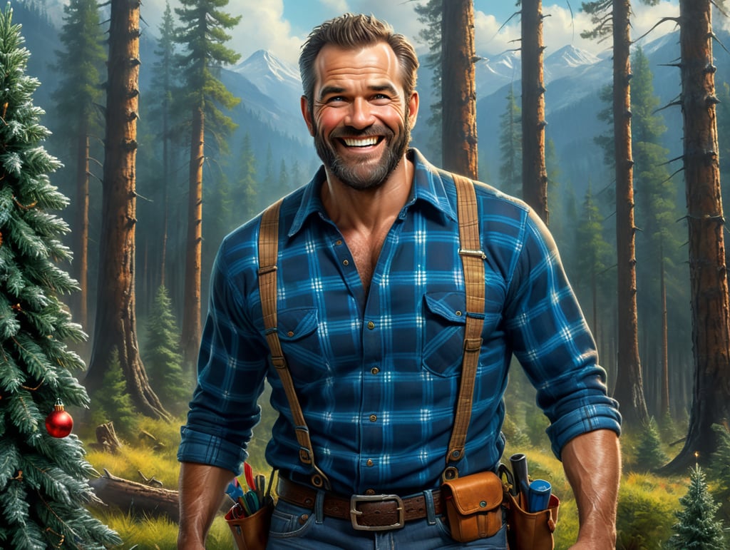 Stereotypical lumberjack, with gleaming smile, wearing blue plaid shirt with his bare chest exposed (with chest hair). He should have a string of Christmas tree lights draped around his neck.The plaid shirt should have name badge affixed to it which prominently reads"Budworth". The background should be a forest with evergreen spruce trees. The character should look like the uploaded reference image, and look to be approximately 50 years old. The character should ooze bravado, as if her looking at a damsel in distress.