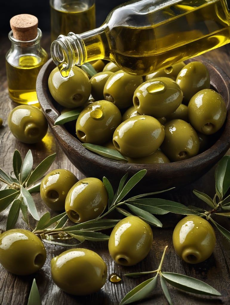 olive oil scene. green olives drizzled with oil and transparent bottles filled with olive oil