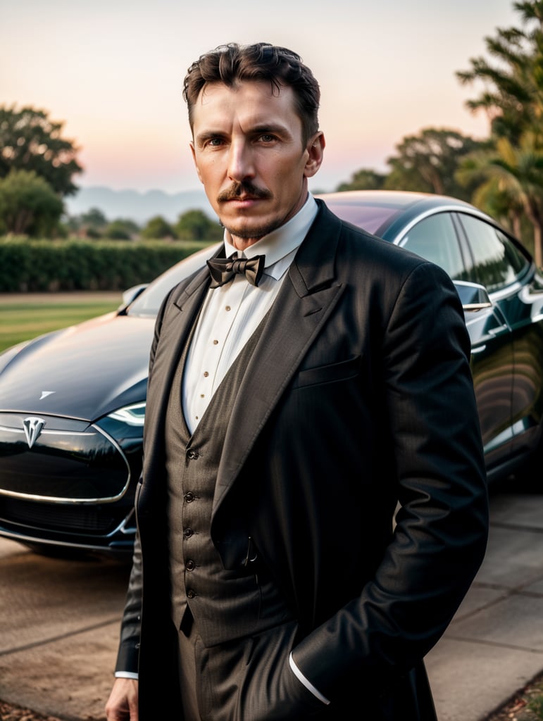 Nikola Tesla looks directly into the camera, with a Tesla car standing behind him.