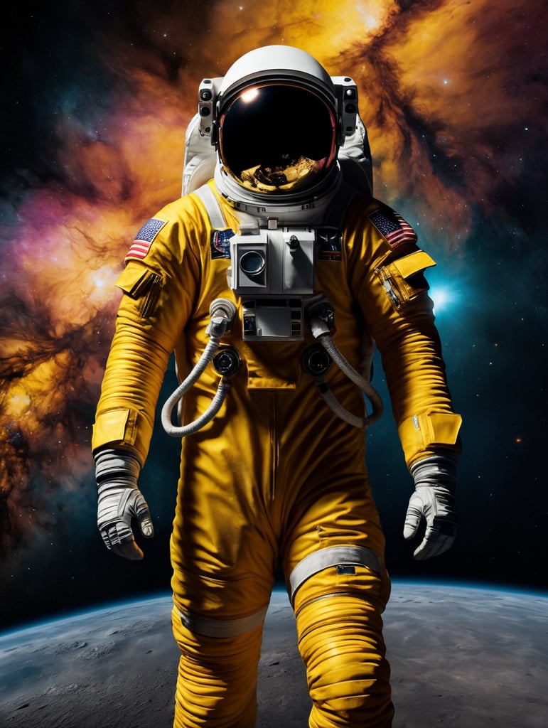 astronaut wearing a yellow space suit, full body, space, colorful nebula background,