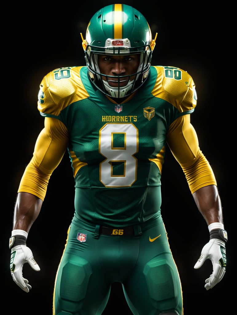 American football uniform green with gold texture, hornets team name on front, number 36 on front and unique design