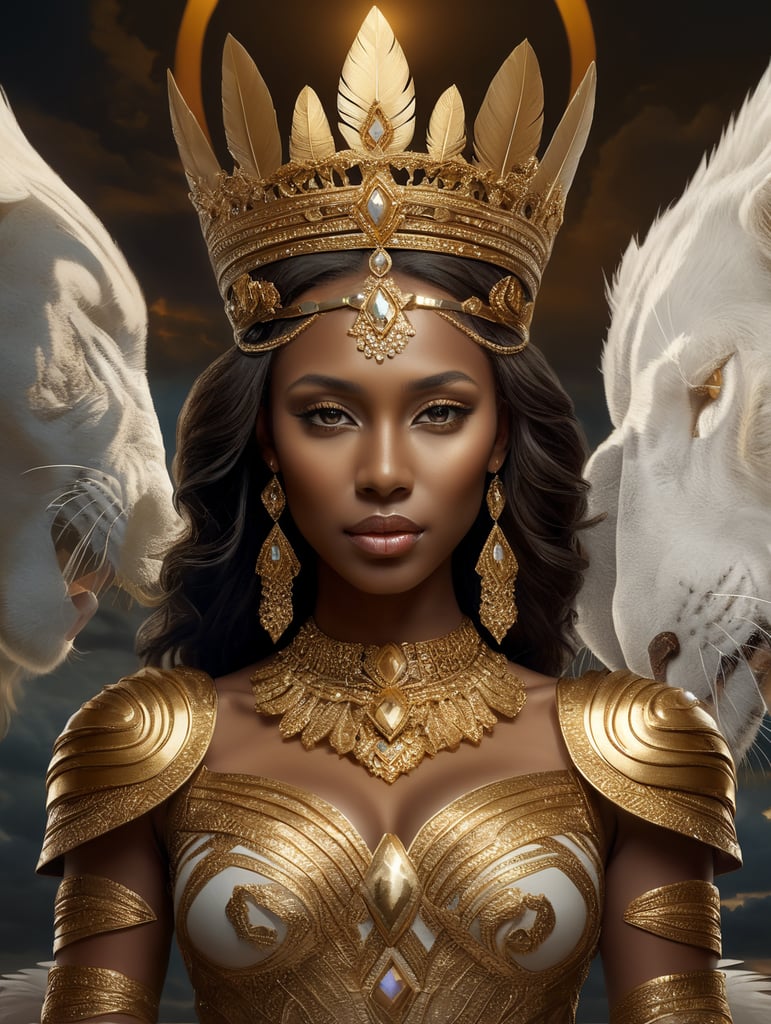 Nubian princess wearing golden crown with bones and a golden dress with feathers and riding a roaring white tiger with golden wings standing over a hill with a sunset in the background