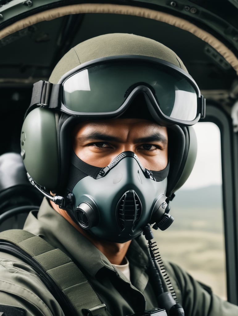 Create a military man sitting in helicopter with helmet on covering his face with mask