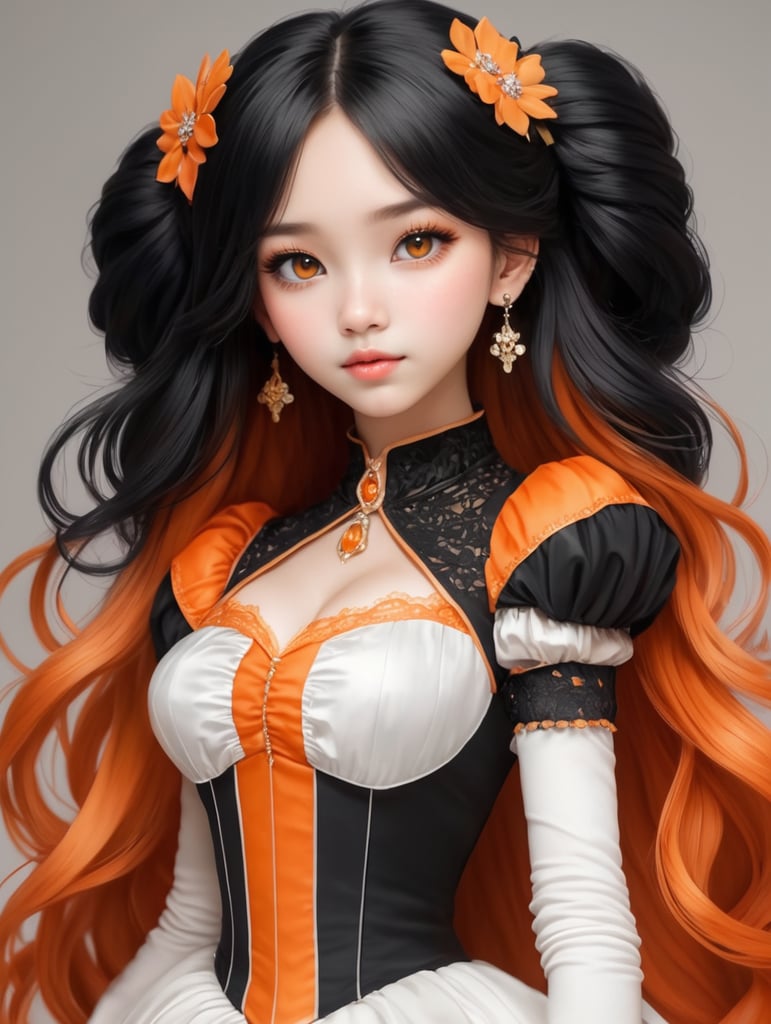 c'est une fille qui a les cheveux noir et orange, avec une tenue de princesse