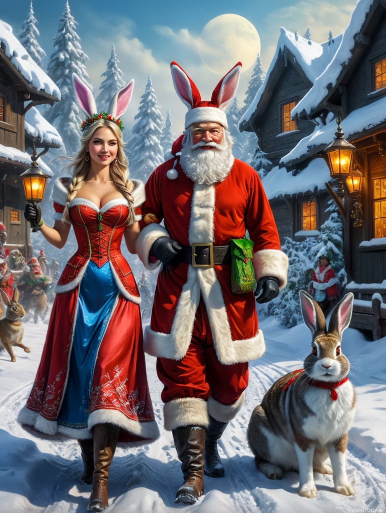 New year's card, Santa Claus and Snow Maiden, rabbit, deere, by Justin Gerard and Greg Rutkowski