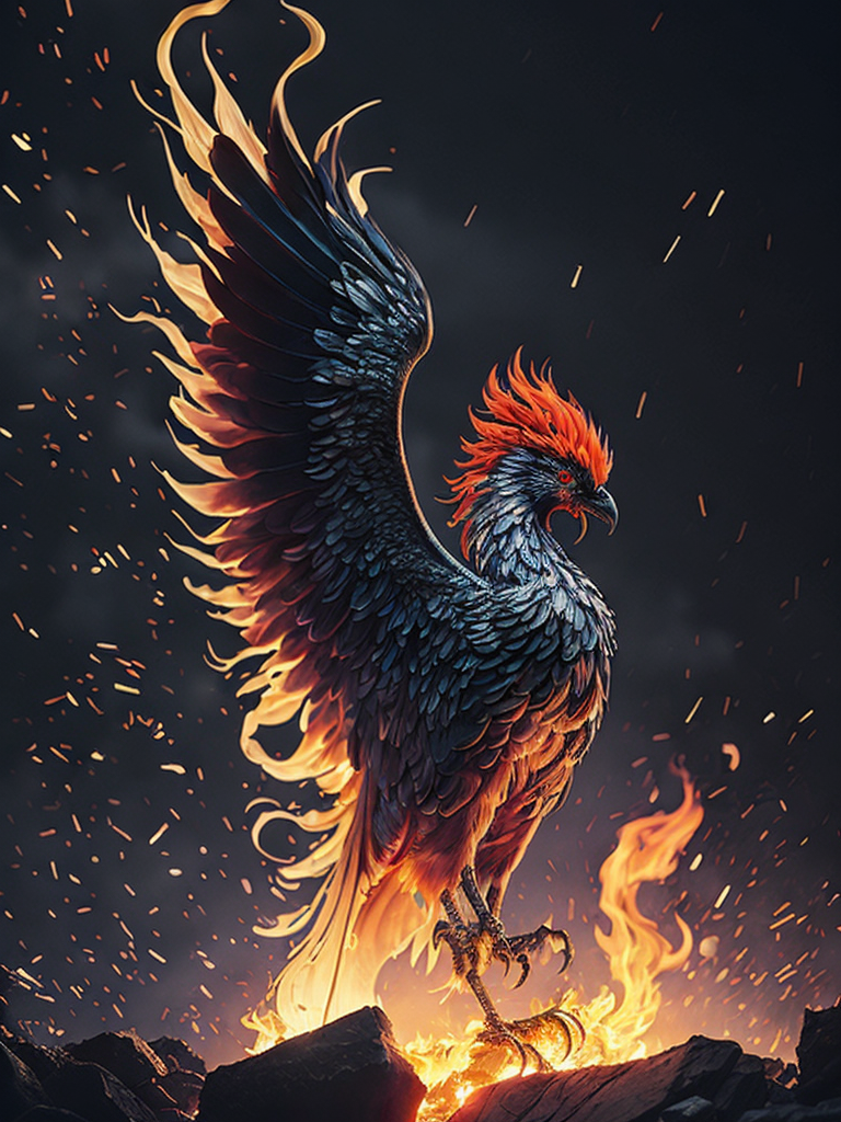 Illustrate a majestic and regal phoenix rising from the ashes with vibrant feathers and intense fiery hues.