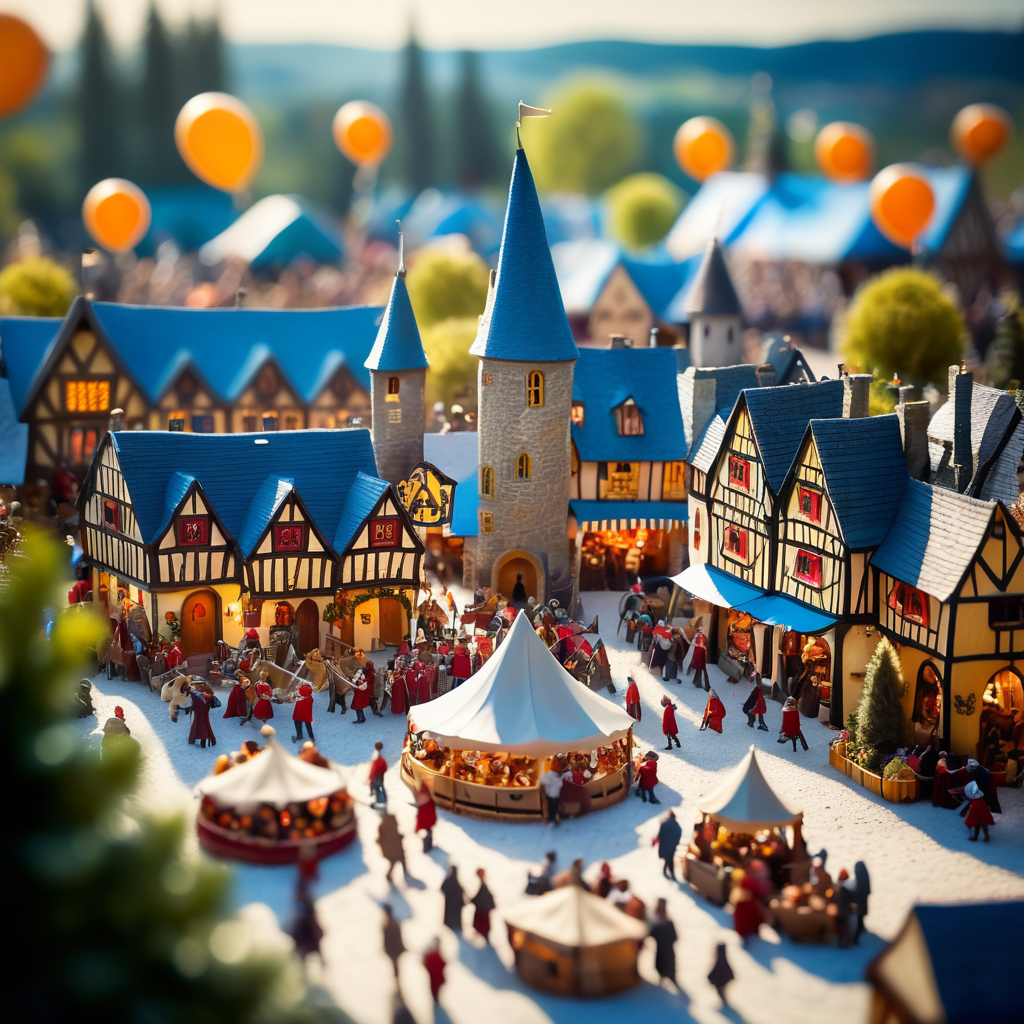 A medieval-inspired creative concept is depicted in a tilt-shift photograph capturing the joyful ambiance of a village fete and fair