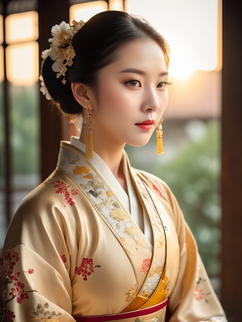 self-protrait, female chinese costume hanfu, floral, medium shot, golden hour lighting