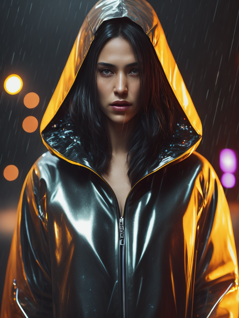 a women wearing ((transparent raincoat)), under the rain, ultra realistic, neon lights