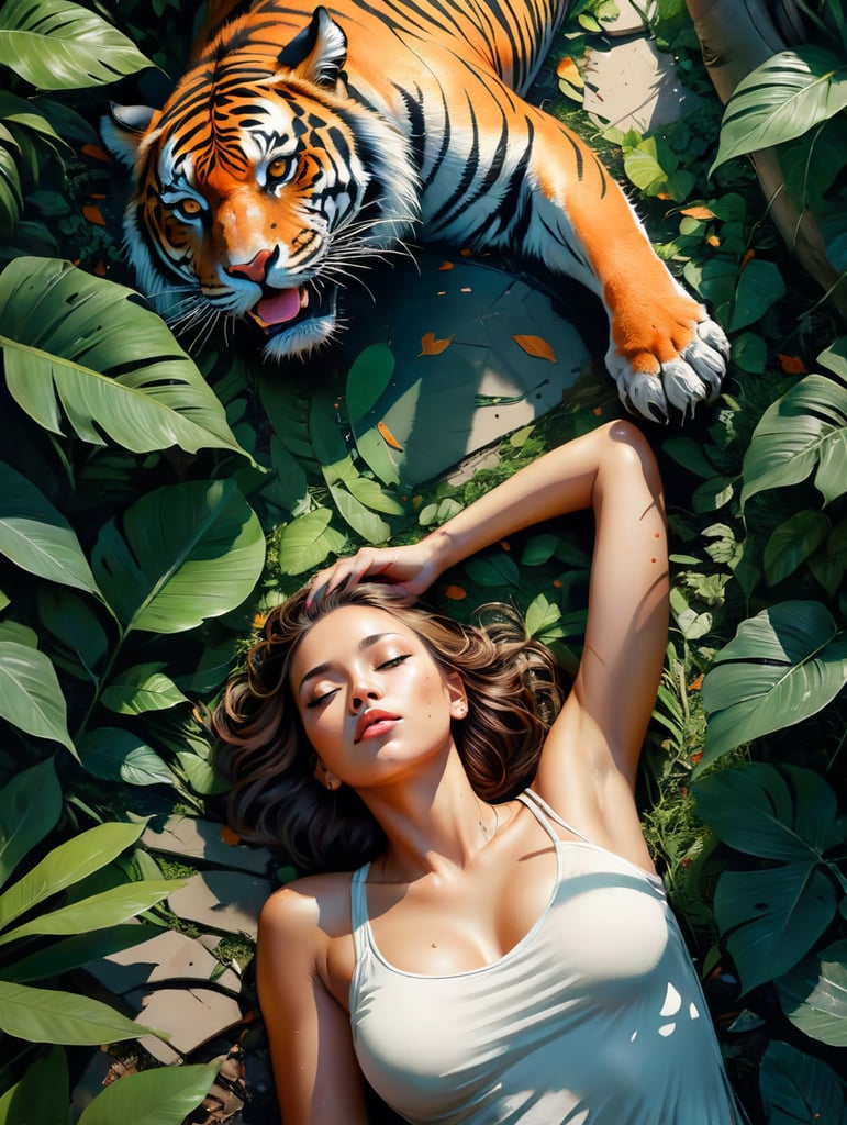 woman laying on lush jungle floor on her side with her eyes closed with leaves and a tiger, top down view