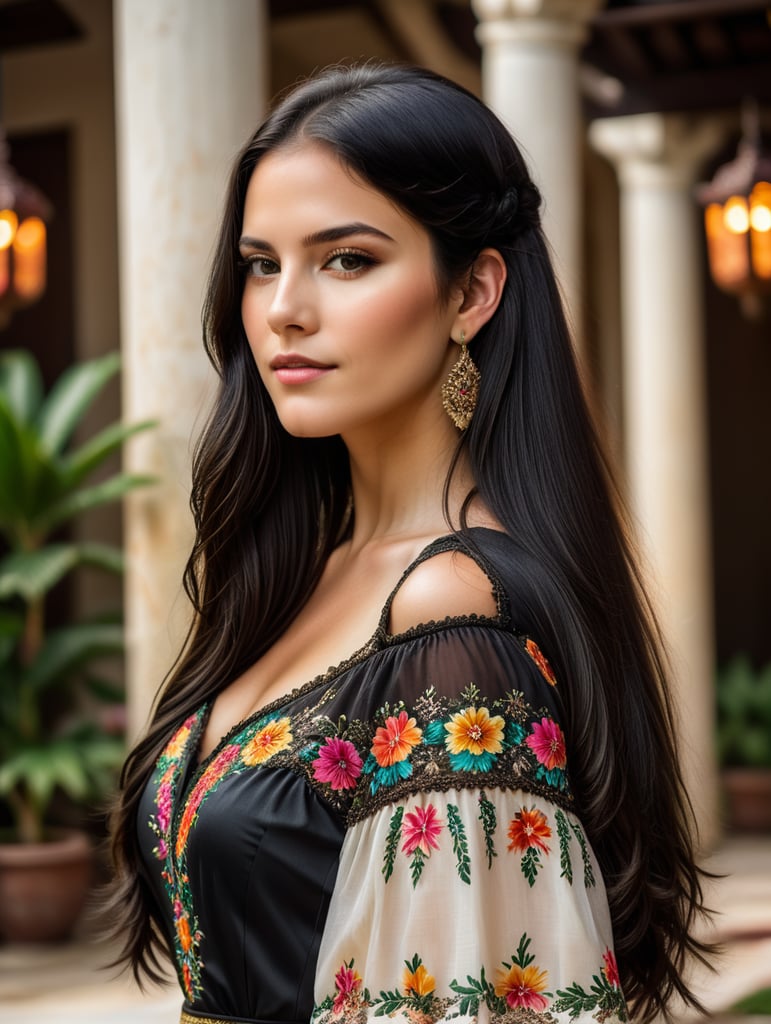 uma linda garota branca com cabelos lisos compridos e pretos ela veste um lindo vestido em um ambiente mexicanos