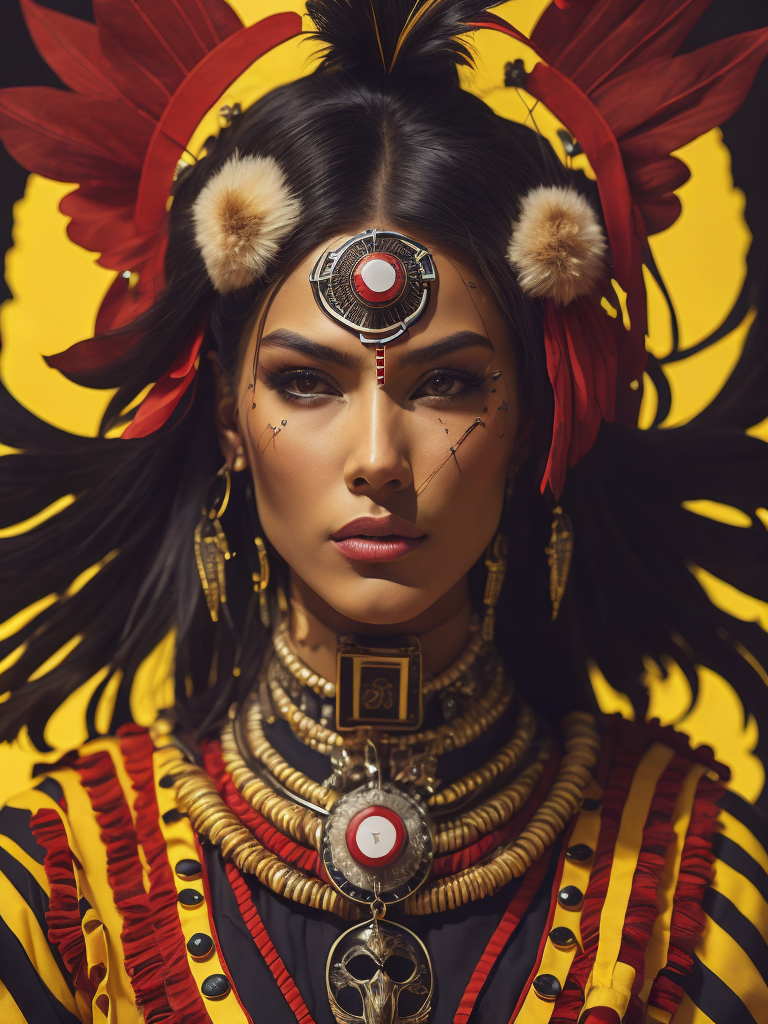 a native american woman in regalia, in the style of surreal cyberpunk iconography, red white yellow black, glamorous pin-ups, rtx on, bulbous, undefined anatomy