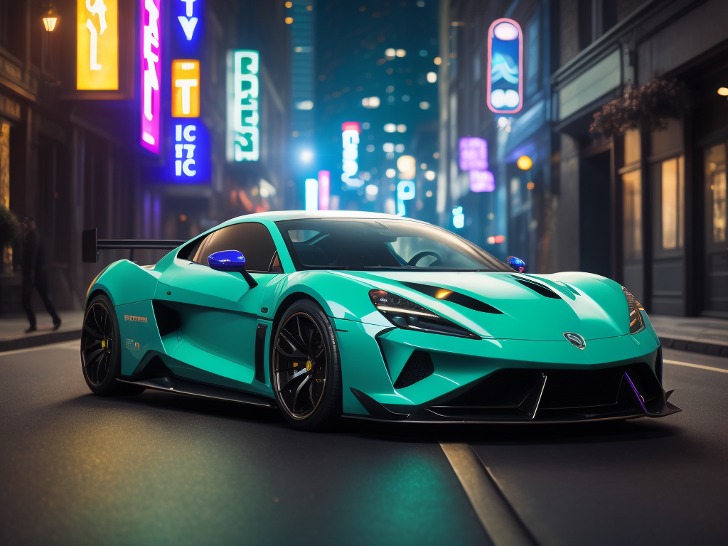 "Blue, green, and purple glowing sports car in the style of 64k UHD. Featuring intricate pattern designs, a cute and dreamy aesthetic, city background, and captivating details with an intense level of ultra-detailed precision."