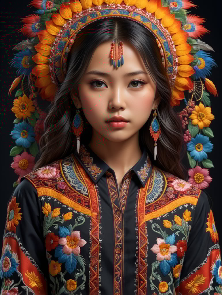 A young Japanese native American girl stands proudly in his traditional embroidered shirt, surrounded by vibrant colors and intricate patterns. The 8K Ultra HD resolution captures every detail of his outfit, from the delicate stitching to the rich textures. With the use of octane render, this 3D image comes to life in a stunning isometric view.