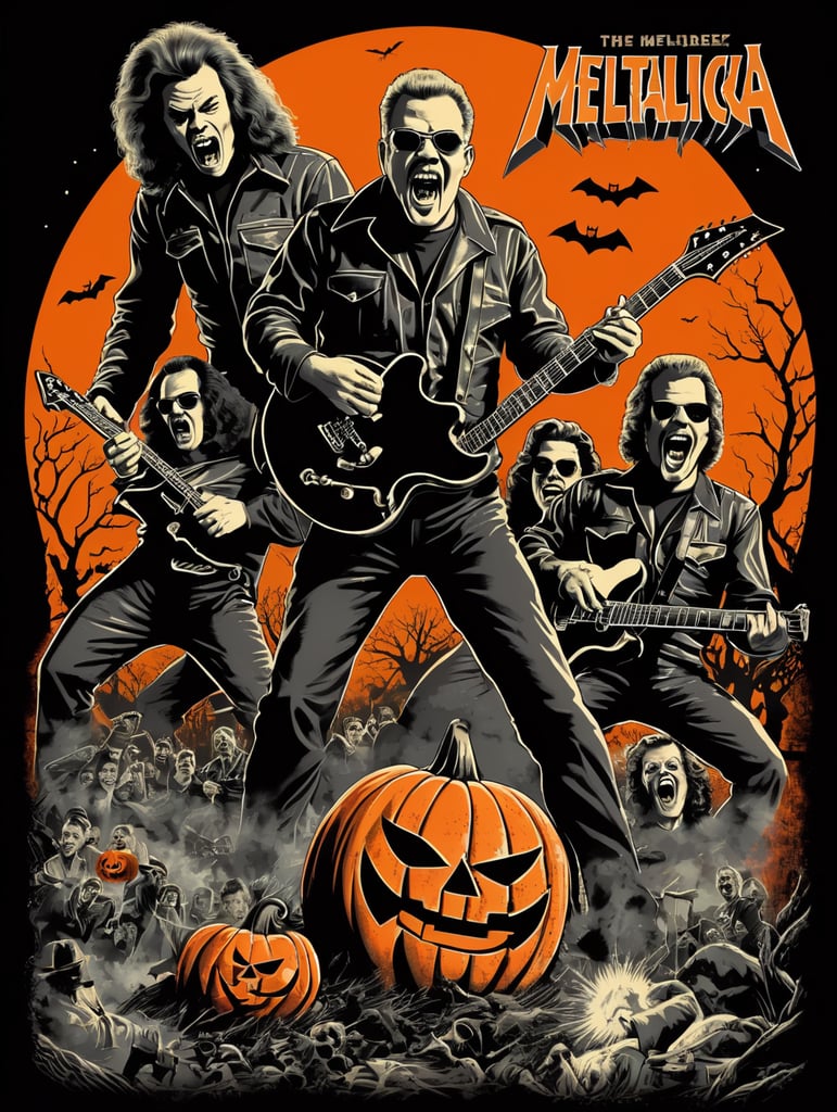 1950's b-movie horror halloween t-shirt print design featuring METALLICA ROCK BAND