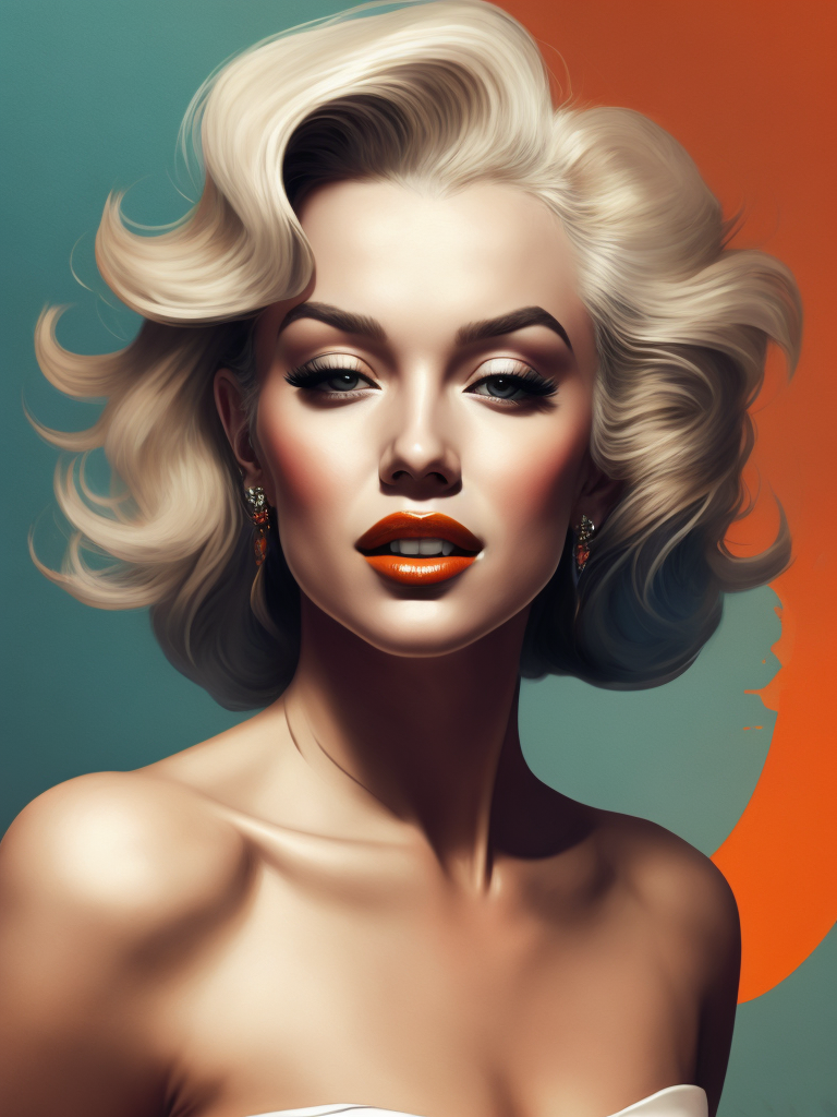 Portrait of Marilyn Monroe, ultra realistic, blonde hair, white dress, bright makeup, gradient background,