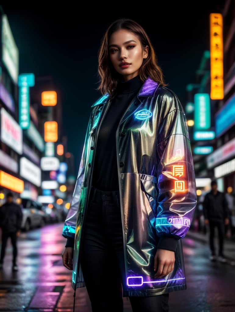 A women wearing translucent coat, standing on a street, neon cyber city, dark night, neon signs