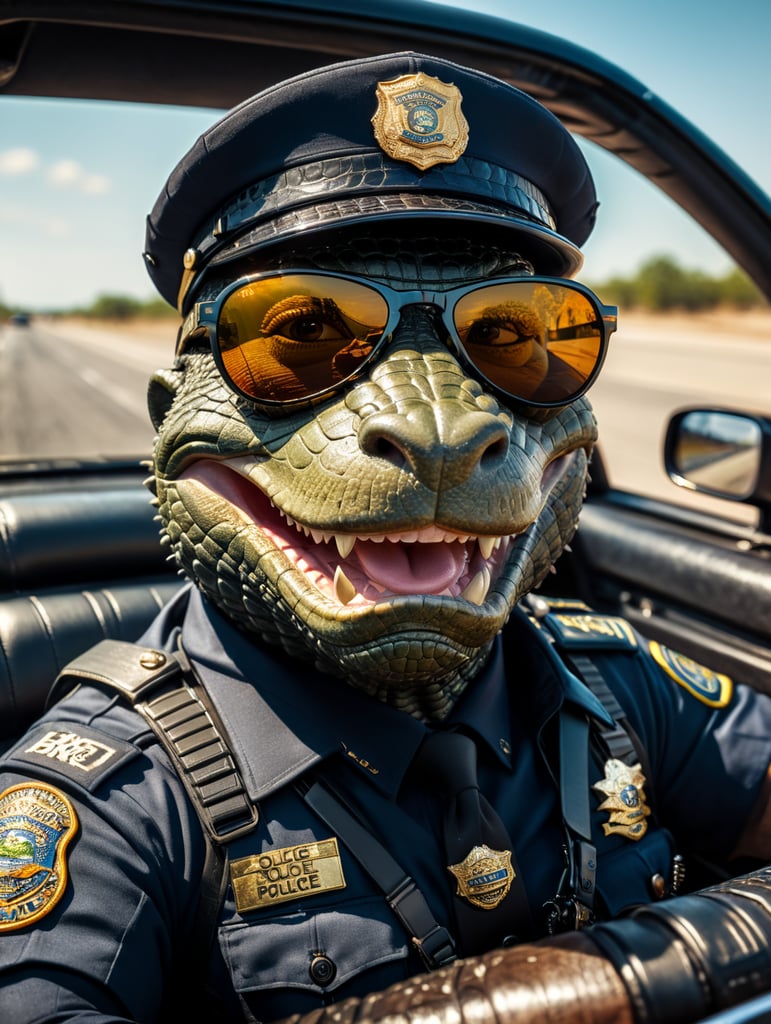 Alligator police officer, sitting behind the wheel of a police car, close-up shot, sunglasses, clipart, stock photo