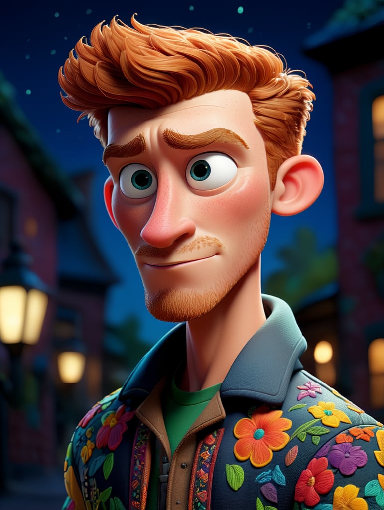 Beautiful ginger man with freckles, wearing a colorful, vibrant, detailed embroidered jacket, medium-full shot, at night