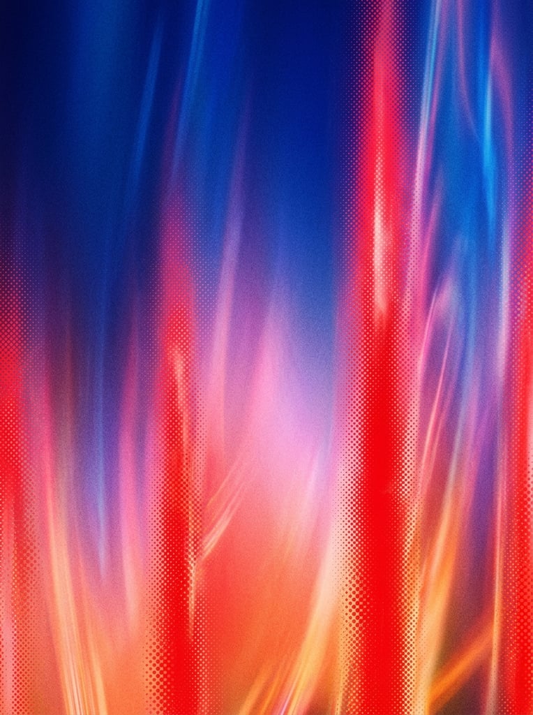 abstract vertical gradient background, blurred light streaks, deep blue merging into soft pink and warm orange, bright red columns, distinct halftone dot texture, vivid luminous screen aesthetic