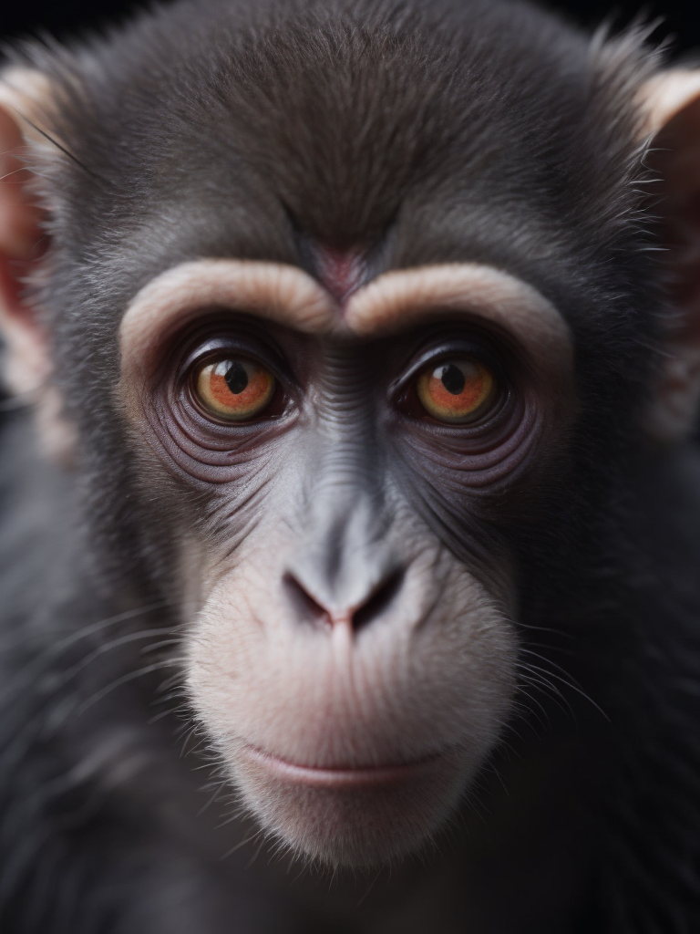 Monkey with red eyes, dark style, focus on face, sharp on details, black background