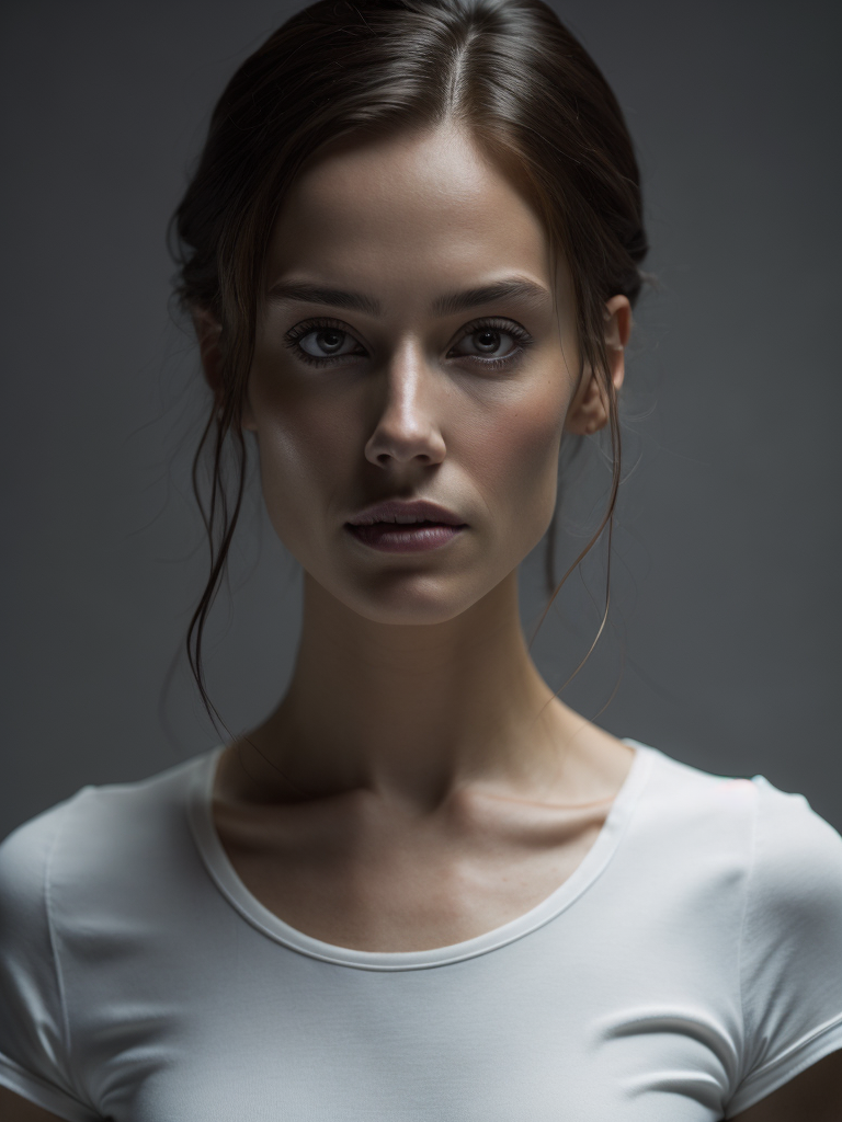 a torso of a women wearing a white t-shirt, grey background