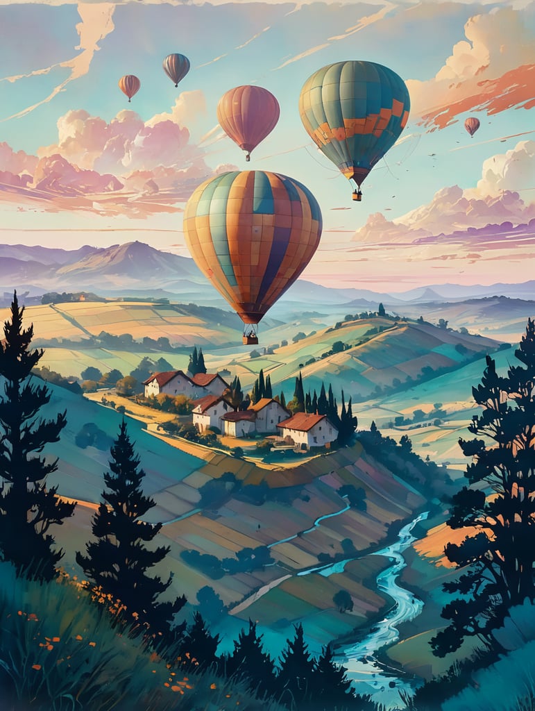 surrealist country background with vineyards and an hot air ballon