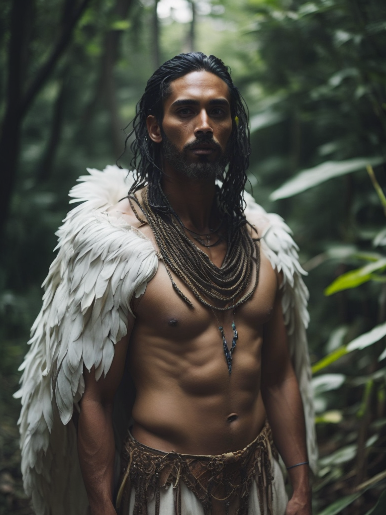 Um indígena com uma vestimenta de penas brancas no meio da floresta fechada