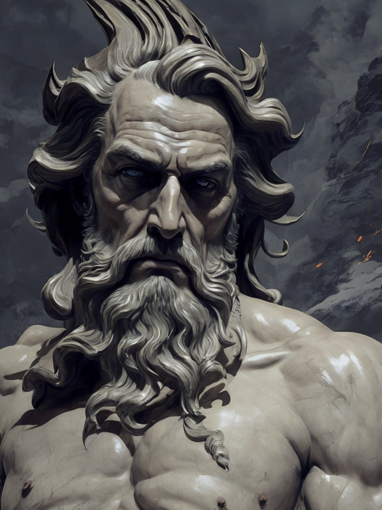 dark marble statue of zeus, dark atmosphere, sharp on details