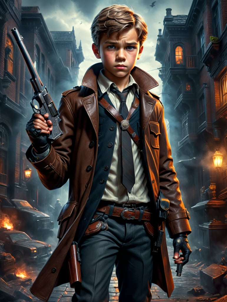 A boy in detective clothes and a gun in his hand