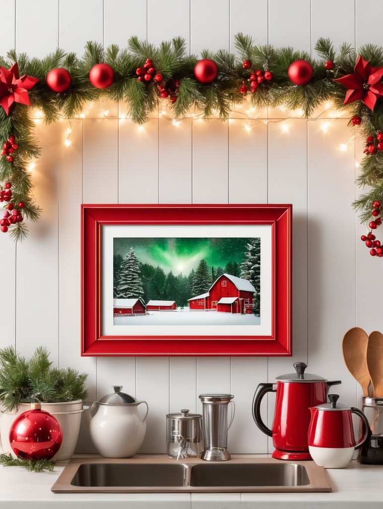 vertical picture frame mockup, cozy farmhouse kitchen, christmas decoration, red, white, green, christmas lights