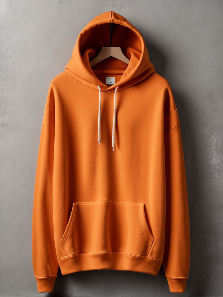 drop shoulder orange vintage washed hoodie without drawstrings blank mockup, laying on a concrete floor