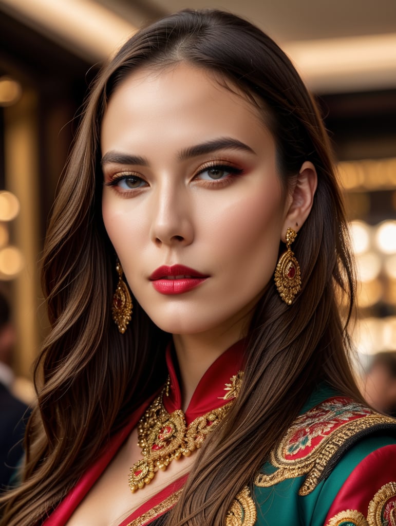 retrato de mujer muy atractiva con estilo extravagante, cabello largo lacio, ropa Gucci, dolce & Gabbana o versace, maquillaje cargado, gran detalle, textura, colores saturados, elegante, Vogue, revista de moda, enfoque nítido, maquillaje expresivo y brillante, luz dramática, profundidad de campo, fondo desenfocado