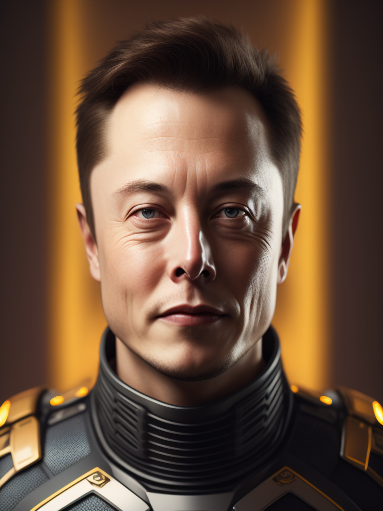 Elon musk as Irom man, bright saturated colors, Professional photo, Focus on the face, clear face details, Blurred Bokeh Background