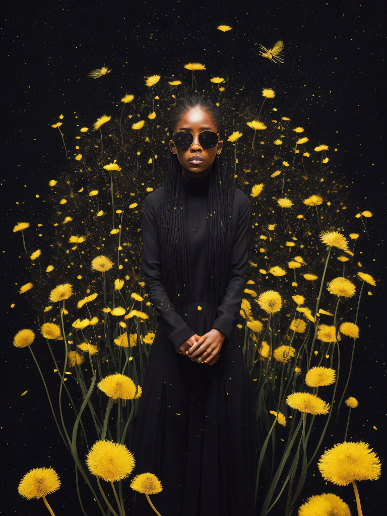 full body view of vantablack portrait in dandelions a with shine gold endings, eternal space, planets, saturn , captured with a Hasselblad camera