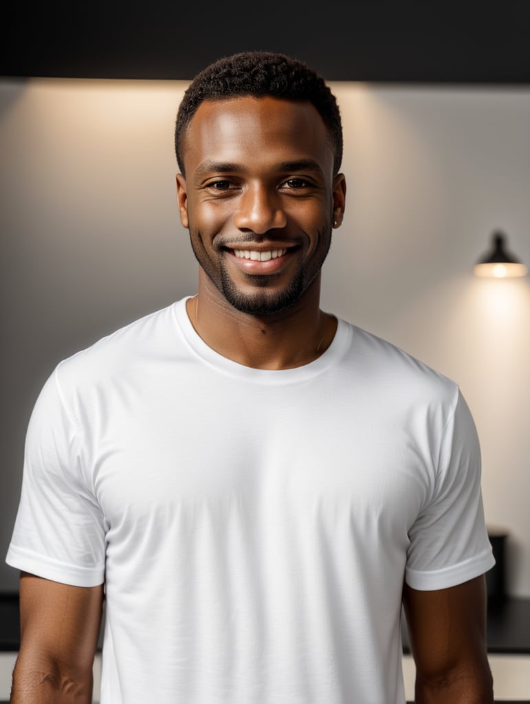 a black African man wearing white t-shirts, standing in front of black background, blank shirt no print, smiling, photo for apparel mock-up