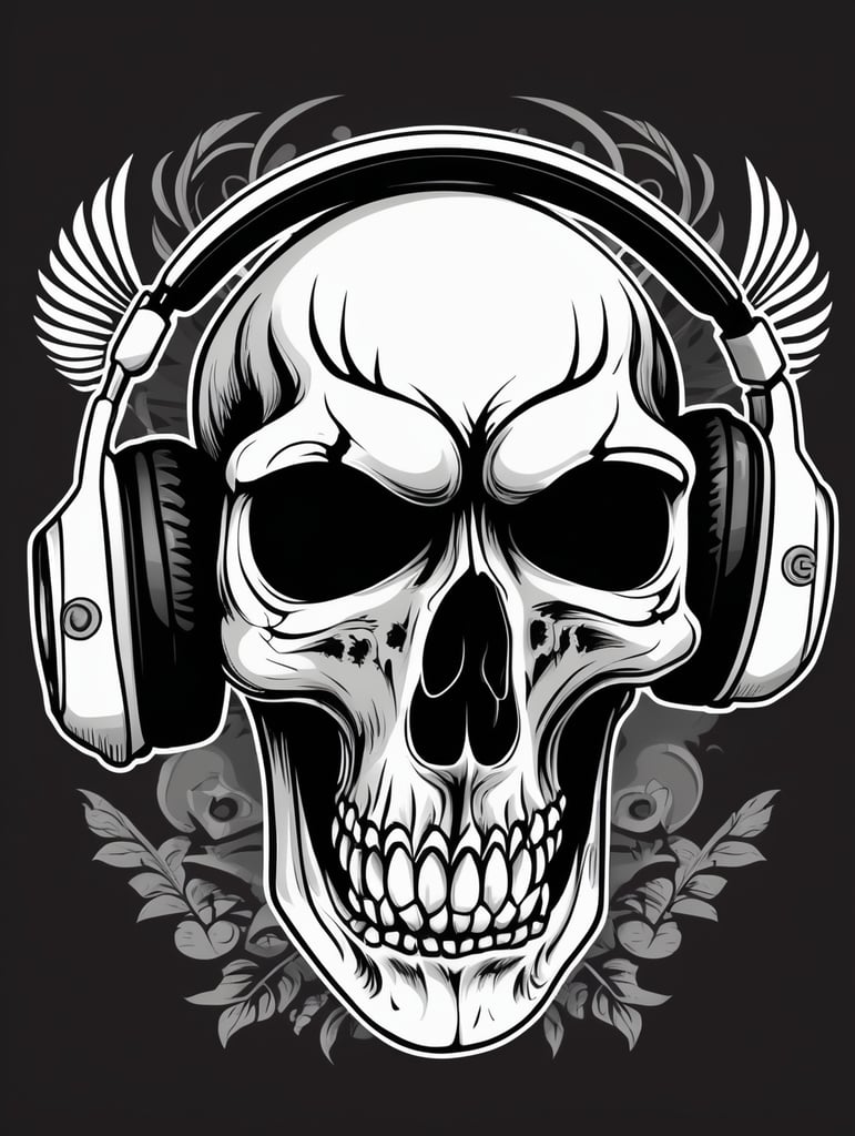 Black and white game over Skull Gaming Logo, vector illustration, vintage dead head or skull of gamer in headphones, vector image