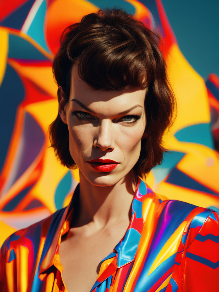 Portrait of Milla Jovovich, Vivid saturated colors, Contrast color, studio photo, professional photo, Rich colors, Detailed image, detailed face, style of Miles Aldridge