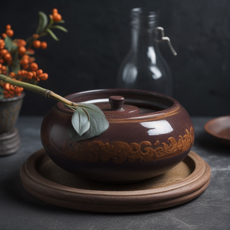 ancient small clay and glazed Chinese pot, deep atmosphere, realistic photo