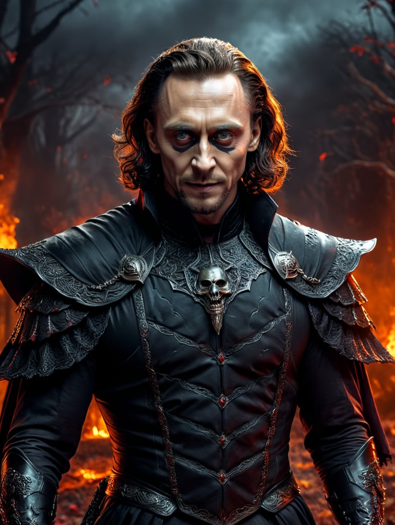 Tom Hiddleston wearing spooky Halloween costume,Sinister Makeup, dynamic pose, saturated colors, Spooky theme