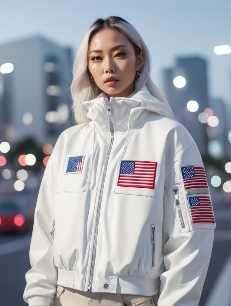 Silver kith jacket, american flag patch, futurist, shot in tokyo at night, shot on leica, fashion portrait, by kith