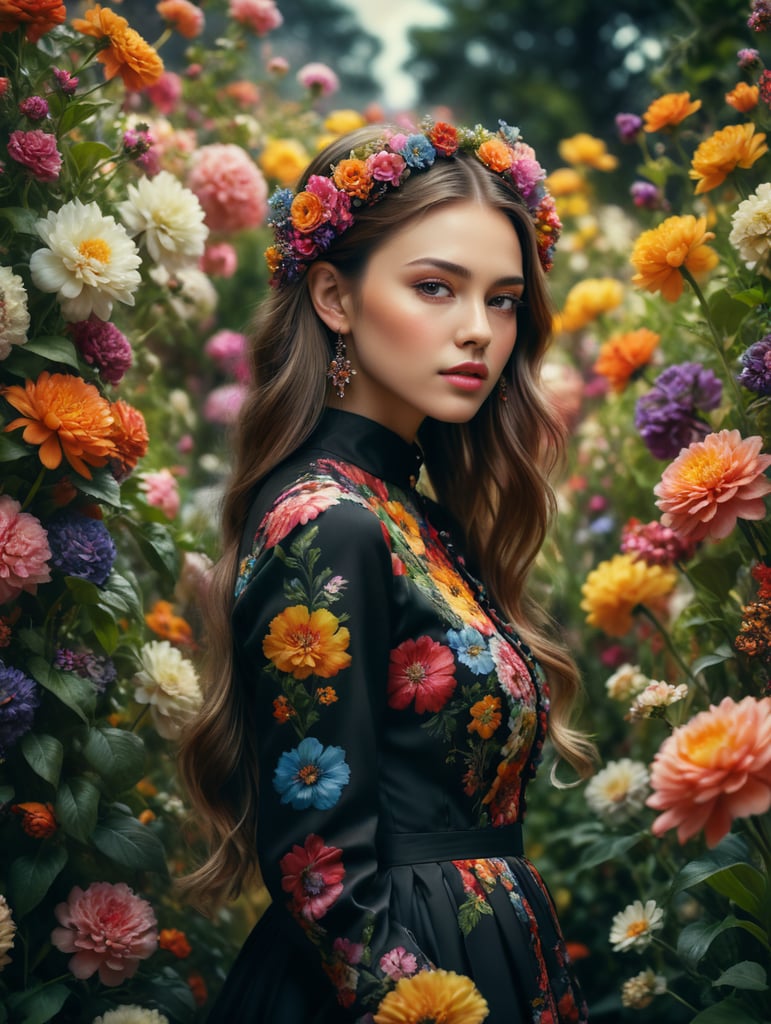 Girl in a blooming garden, fashion editorial, floral edition, millions of colorful flowers, analog fashion portrait, fashion photo of a portrait of a girl in profile with an open ear